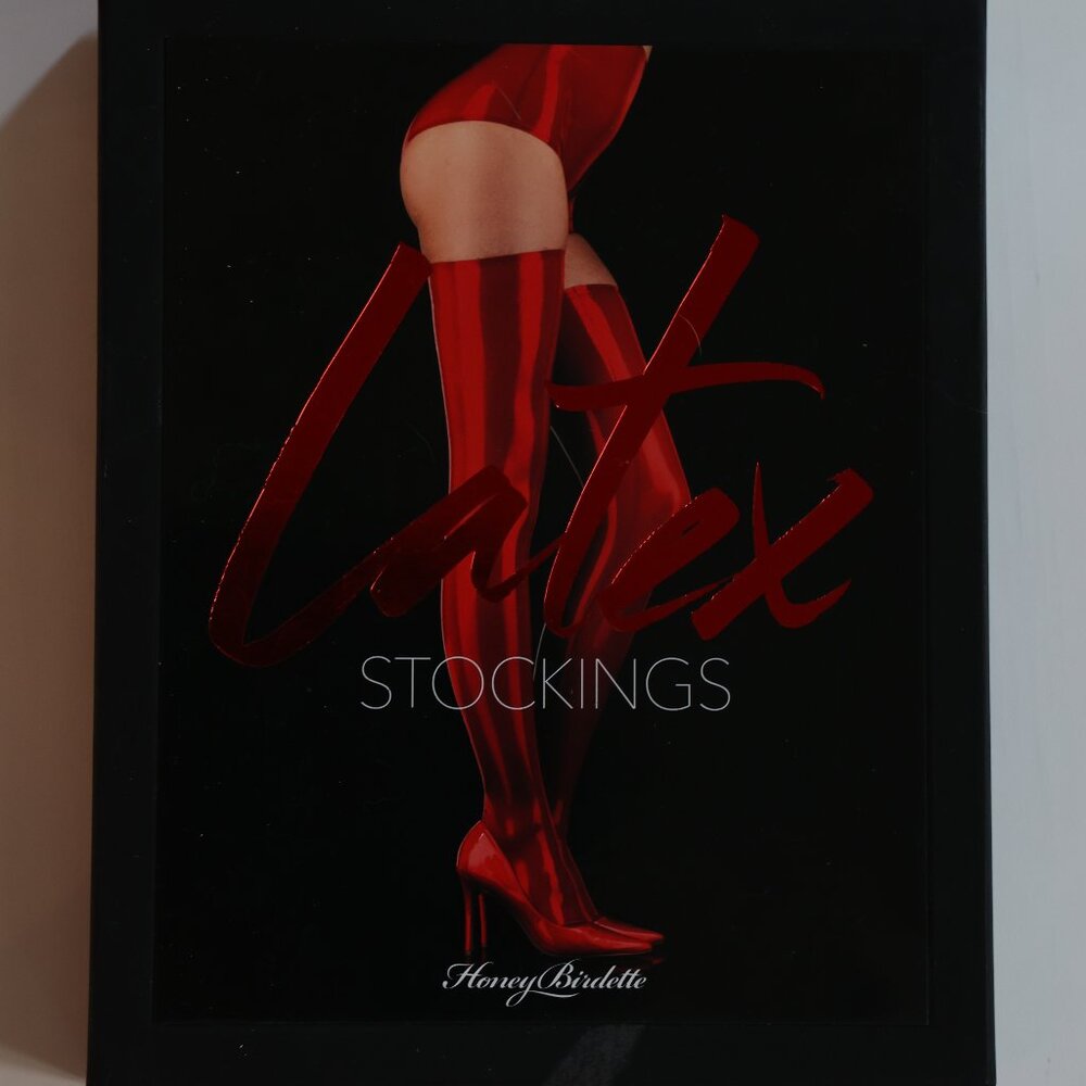 Honey Birdette Latex Stirrup Thigh High Stockings in Red -  Small / Medium
